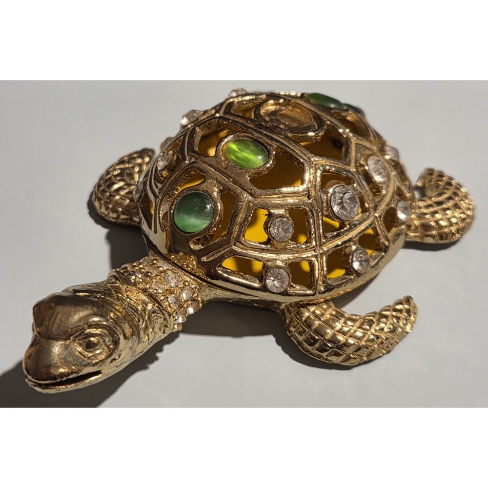 Vintage QIFU Turtle Trinket Box Gold Tone Metal Enamel Jeweled‎ Rhinestone